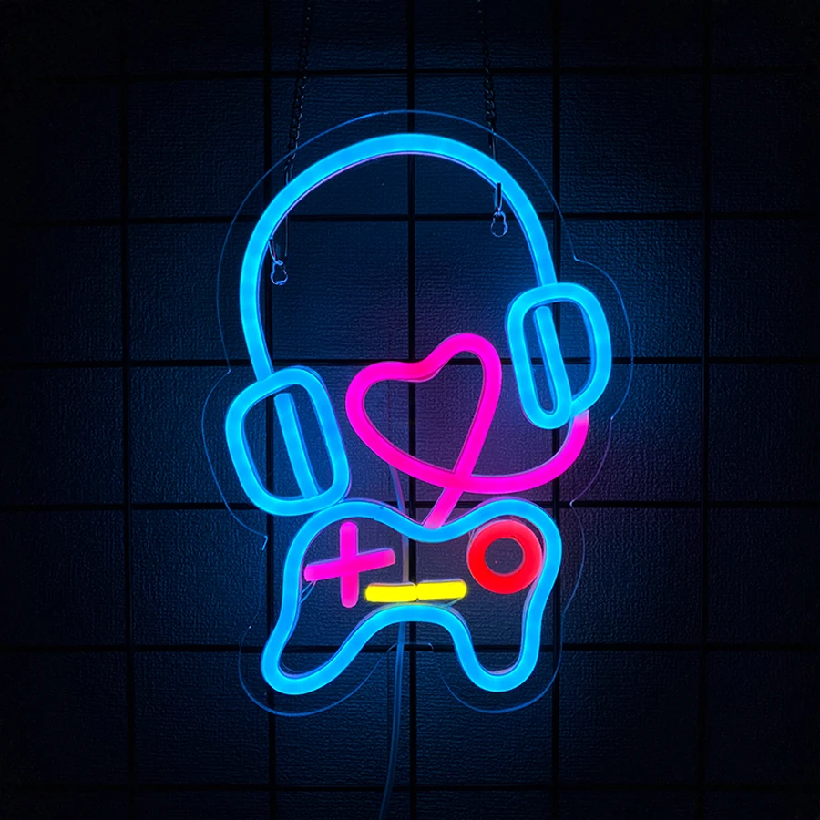 Party Games Youth - ป้ายไฟ LED รูปหูฟังเกม ใช้สำหรับตกแต่งผนัง ห้องนอน ห้องเล่นเกม