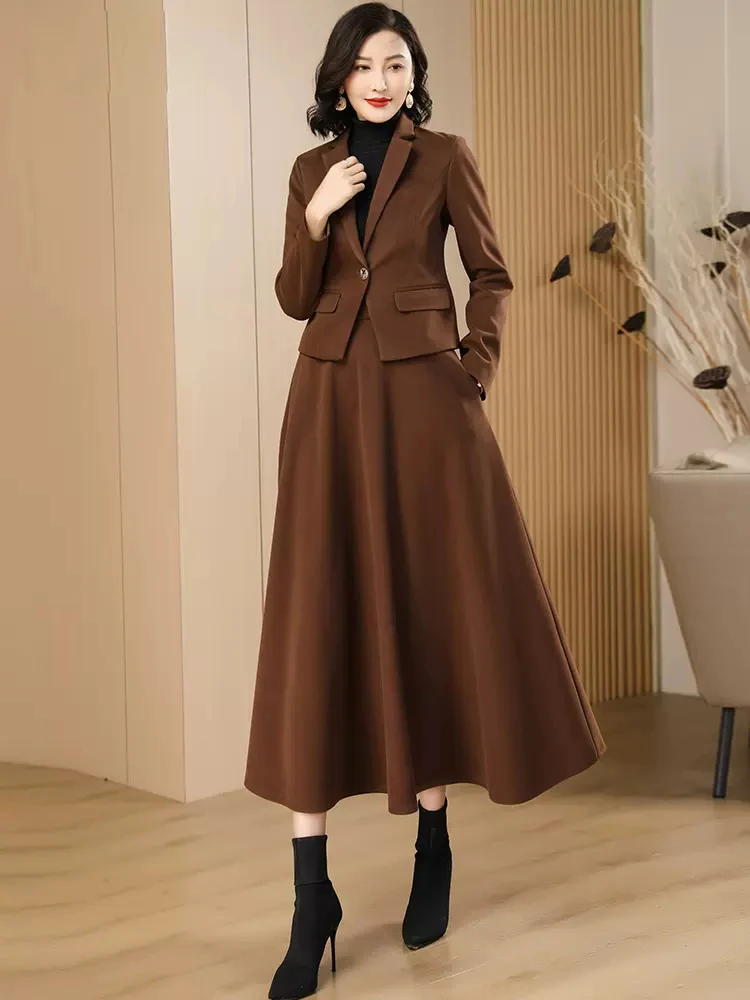 New Women Woolen Blazer Skirt Suits Spring Autumn Elegant Fashion Slim Wool Coat And A-Line Long Skirt Two-pieces Set Female