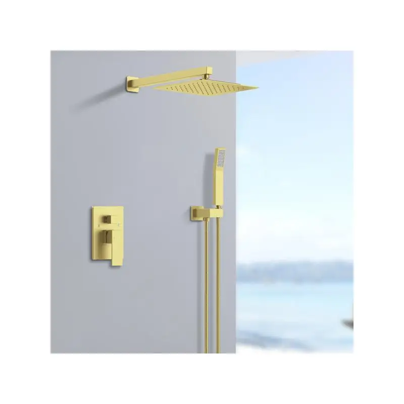 مجموعة كومبو لنظام دش الأمطار مع رأس دش مقاس 12 بوصة وصنبور محمول، لمسة نهائية ذهبية مصقولة، صمام نحاسي خشن #2