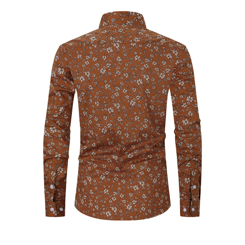 US Size Men\'s Floral Print Shirts Long Sleeve Casual Shirts Flower Printing Polyester Thin Hawaiian Regular Loose Men Shirt