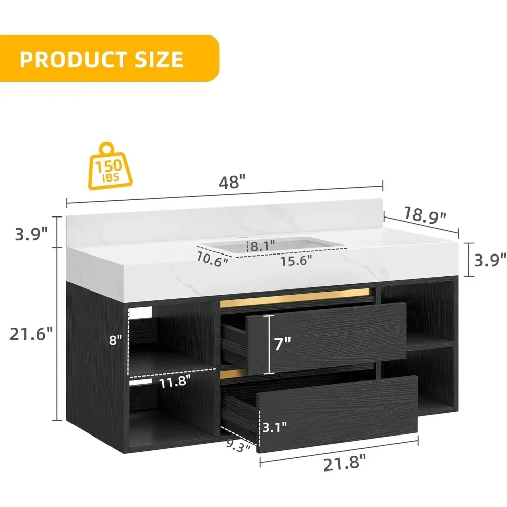 Vaidade flutuante de parede para banheiro, pedra sinterizada preta e cinza, pia de cerâmica incluída, 48 in, 2 gavetas