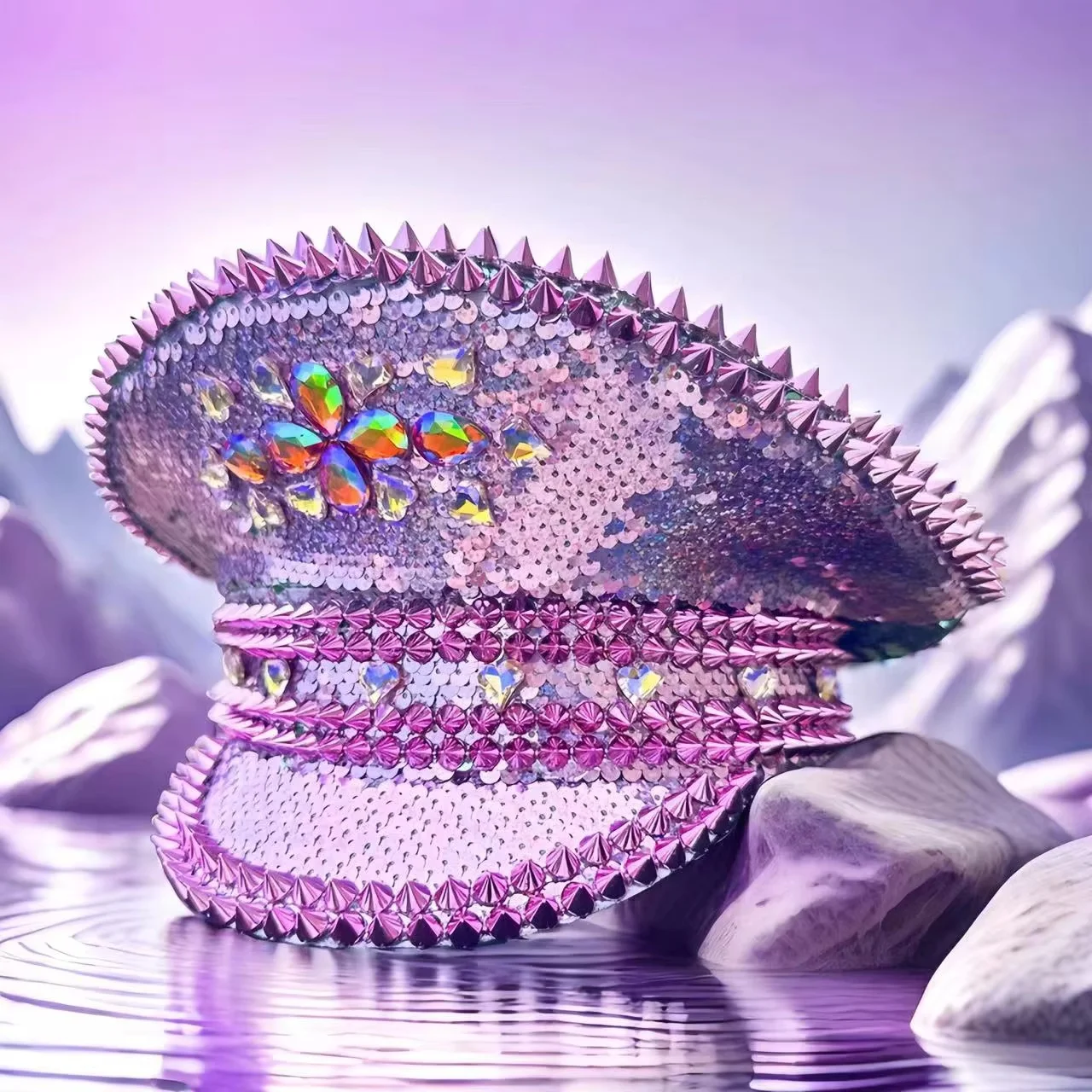 HongLuan gele laser lederen lus kapitein hoed strass & militaire petten voor dames, Rave Festivals accessoires & feestpet man