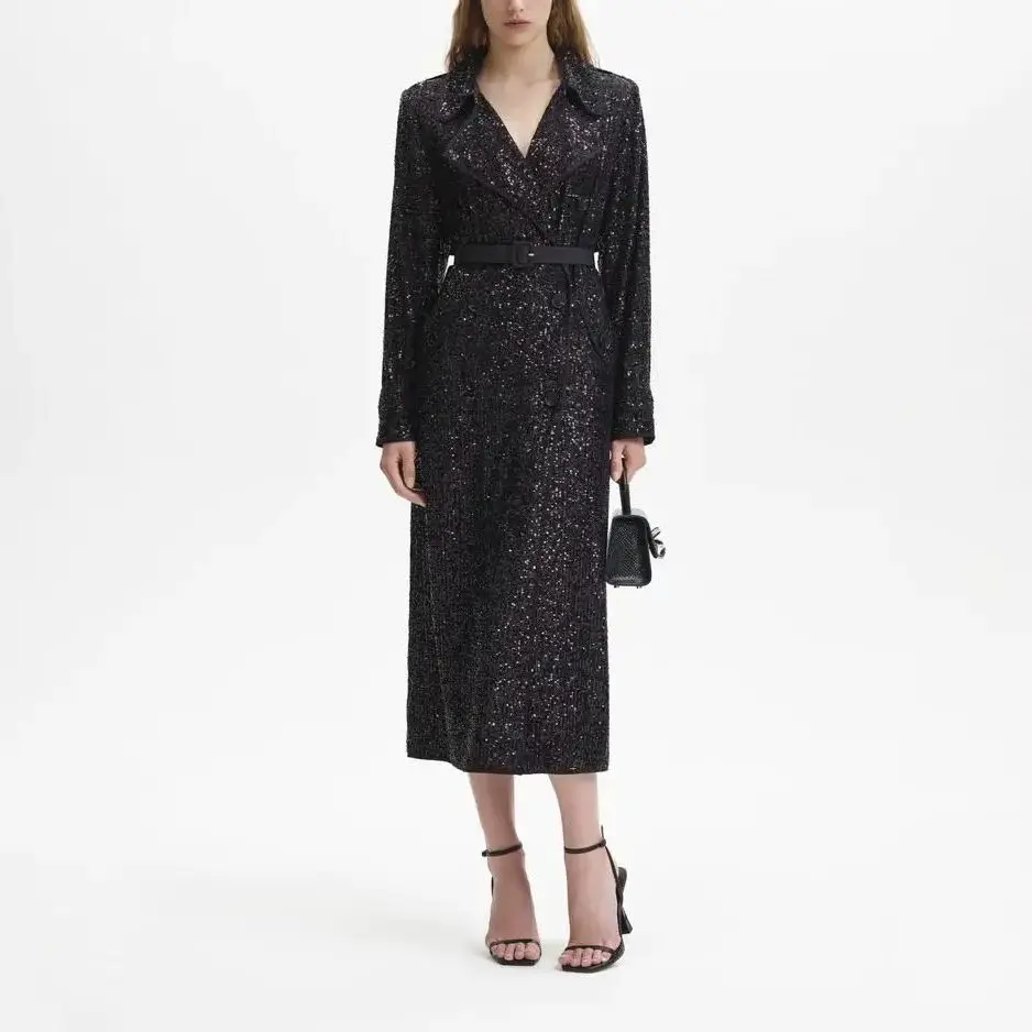 Women sequin turndown collar fashion long coat with Belt