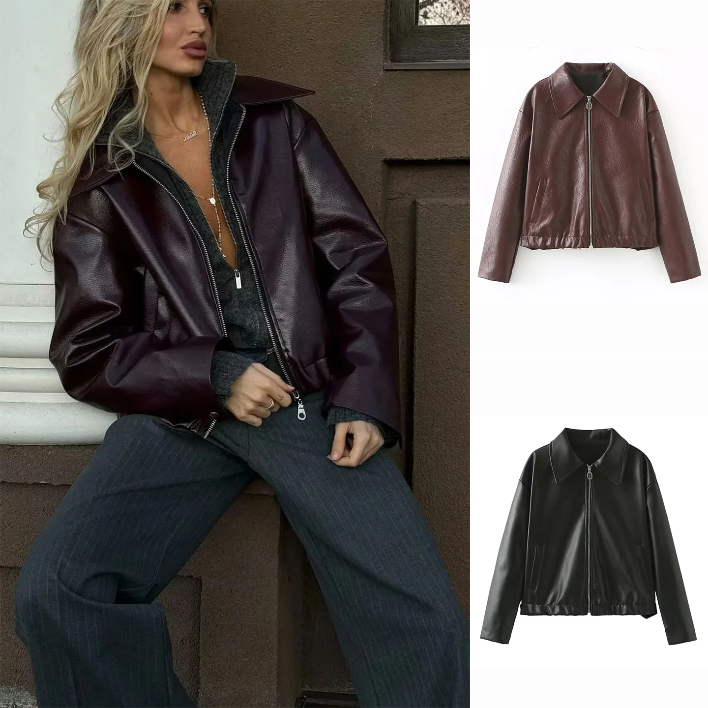 

Fall New Arrival Women's American Retro Zipper Collar Long Sleeve PU Leather Loose Short Jacket Coat Commute Style Polyester ...