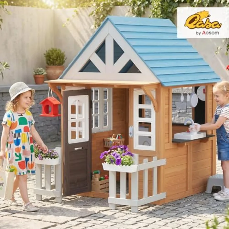 Outdoor playhouse for ages 2-5, brown wooden construction with pet door, play kitchen, mailbox, doorbell, birdhouse, fence, and