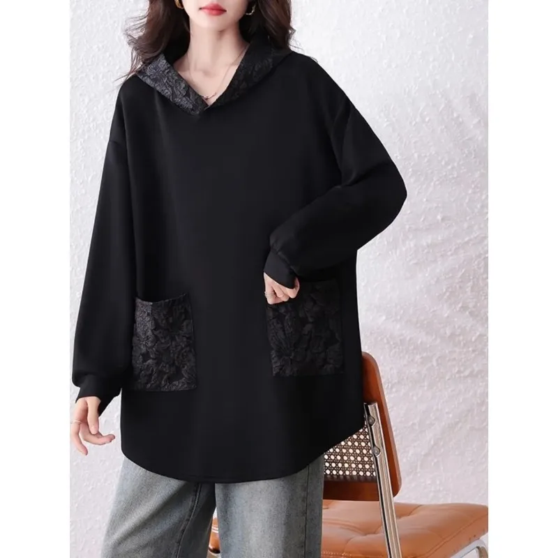 Felpa patchwork a maniche lunghe in pizzo casual a maniche lunghe con cappuccio nuovo stile alla moda per le donne