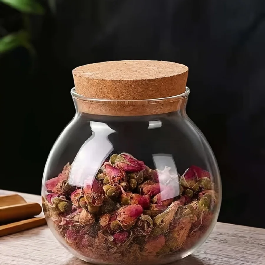 1pc Multifunctional Storage Organizer With Wood Lid, Round Glass Canisters, For Coffee Beans, Tea, Flour, Sugar, Nuts,Candy