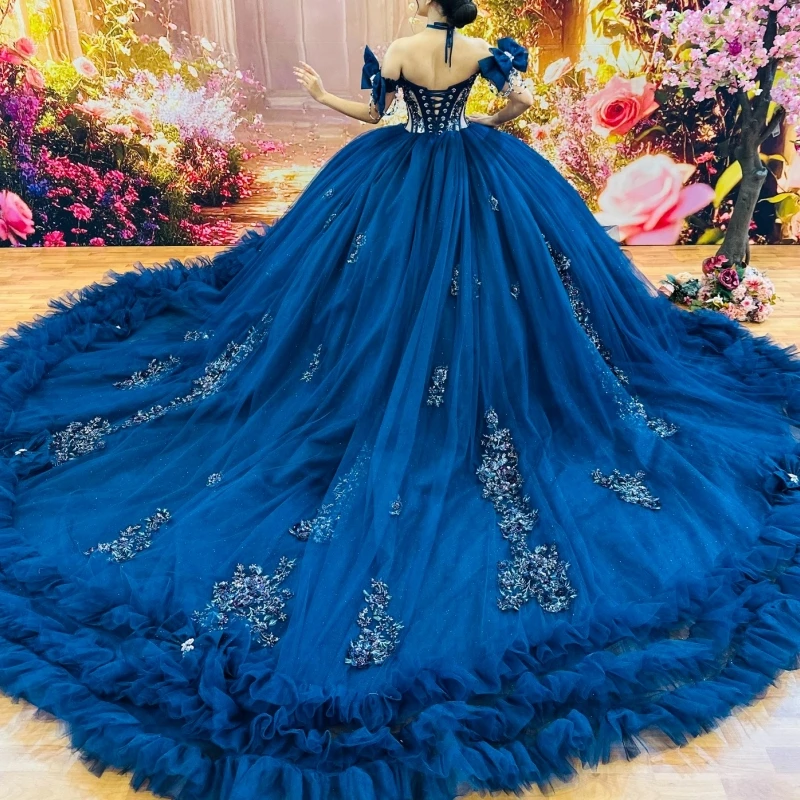 الأزرق الداكن لامعة الكرة ثوب فساتين Quinceanera قبالة الكتف زين الدانتيل الخرز المتدرج تول حفلة عيد ميلاد الحلو 16 فستان