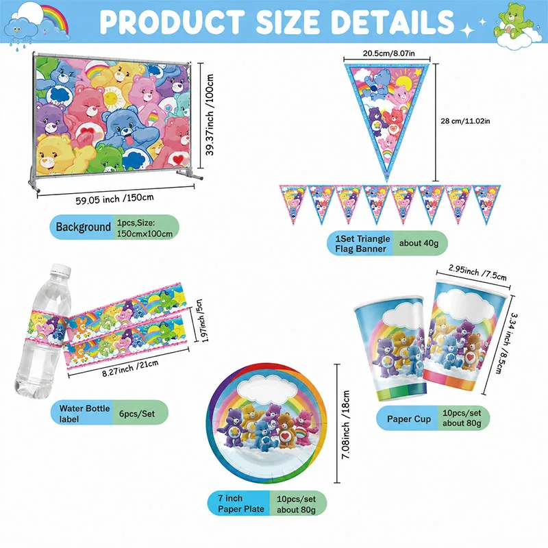 Bunte Care Bears Anime-Themen Teller, Becher, Banner und Hintergrund – Stilvolles Set für Geburtstagsfeiern und Familientreffen mit Geschenken – Detail 4