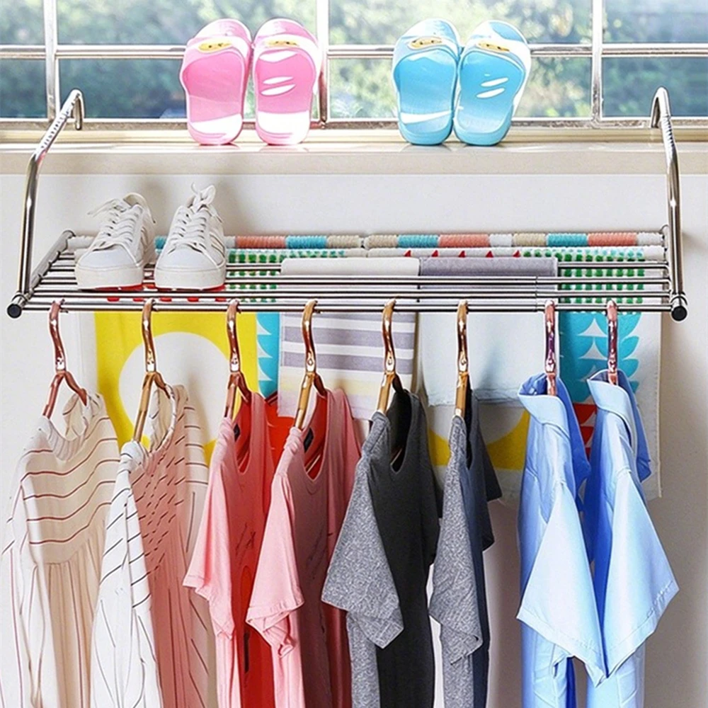 Multi-role Retractable Folding Drying Rack, No Drill Stainless Steel Window Sill Balcony Hanging Dryer for Clothes Shoes Towels