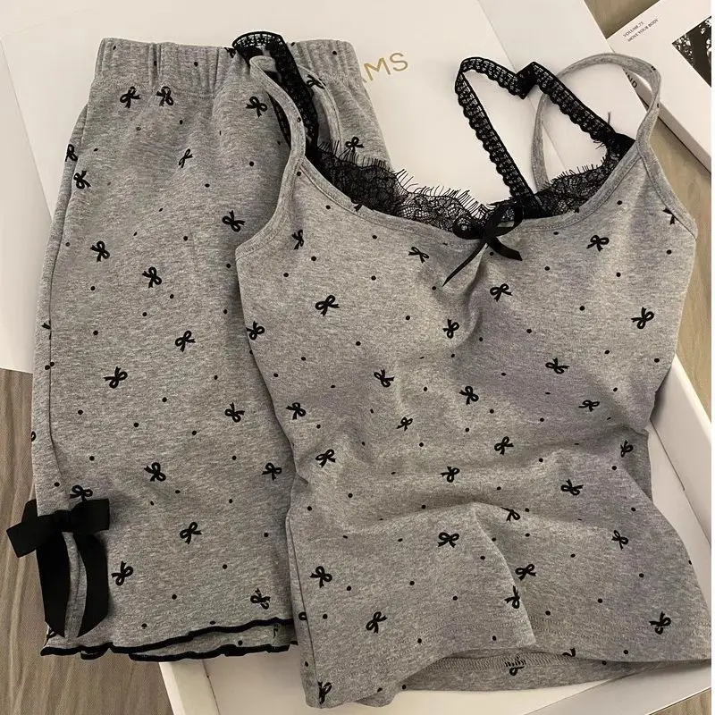 

Women's Sleepwear Chest Cushion Korean Version Bow Lace Camisole Top Shorts Two-Piece Set Sexy Sweet Comfortable Home Wear