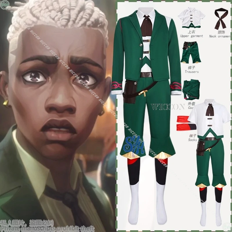 

Anime Game Movie Arcane：Lol Cosplay EKKO Costume Dark Green Coat Pants Suit PUNK Fashion Halloween LOL Party Cos