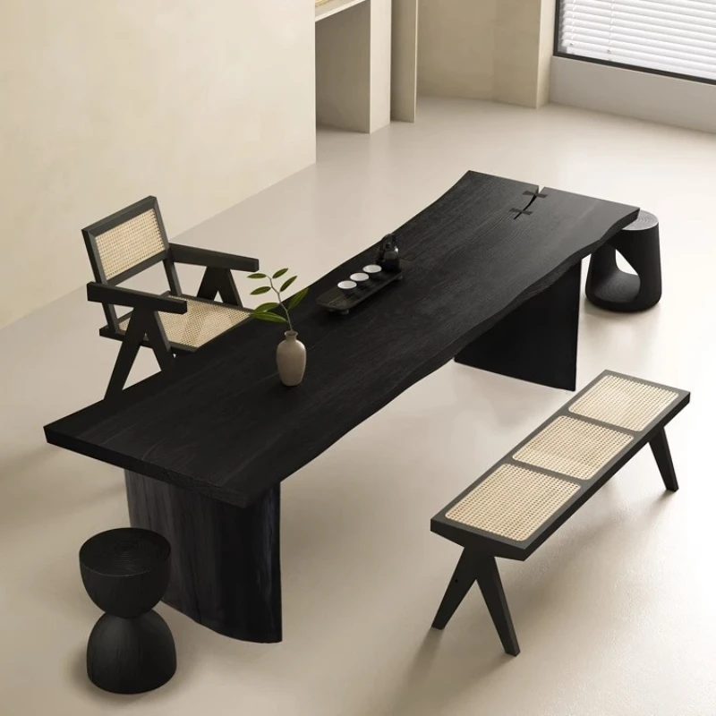 

Dark tea table and chair combination log solid wood large board tea table living room balcony tea table wabi sabi medieval