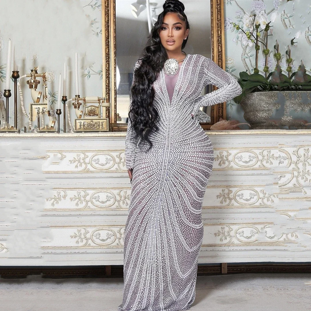 

Long Sleeve Tightshort Dress Women Birthday Celebrate Costume Brand Designer Evening Long Dress Sparkly Diamond Pearl Dress