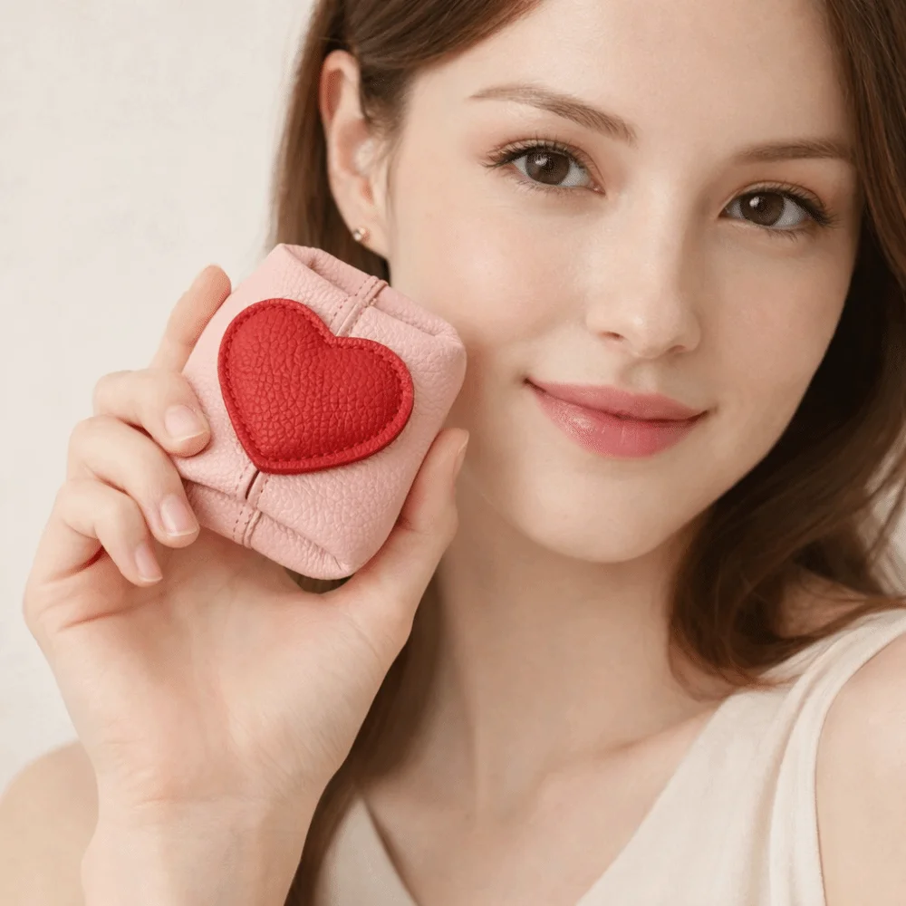 Casual Solid Color Cowhide Coin Purse Square Multi-function Coin Purse Love Heart Mini Cosmetic Bag Jewelry Pouch Gifts