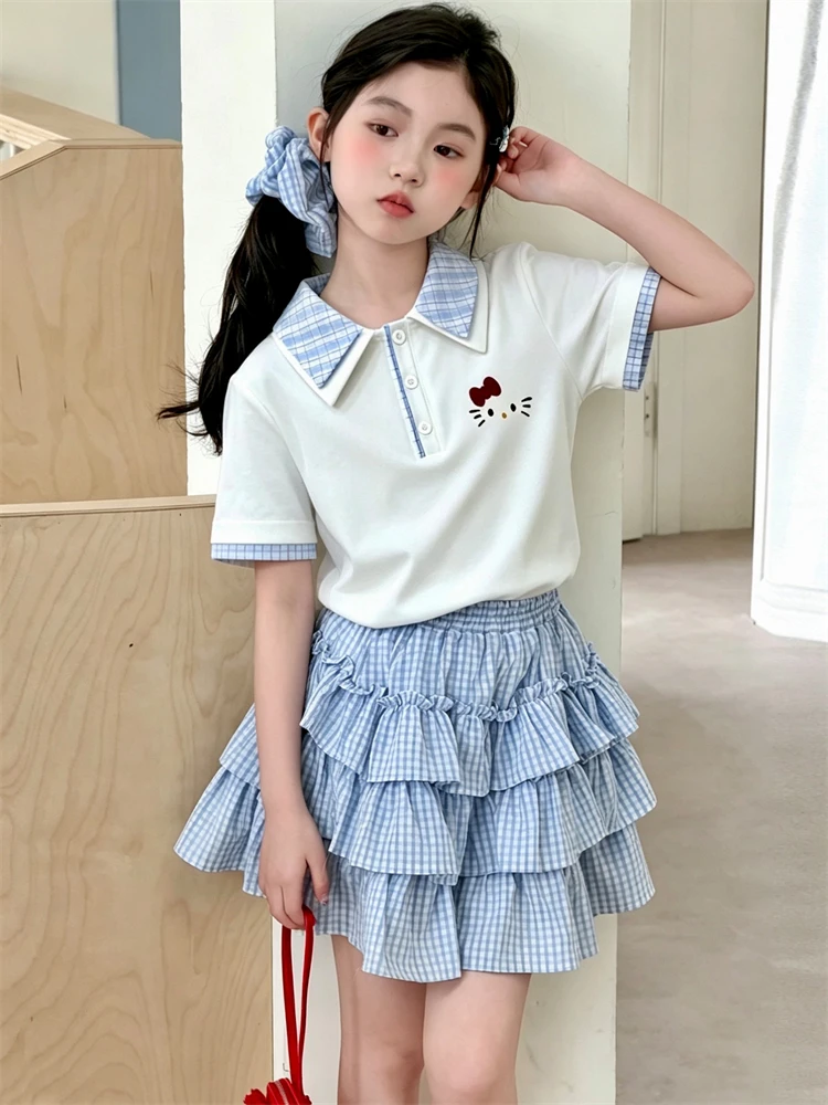 Vestido de Verão para Meninas 2026 Nova Moda Conjunto de Duas Peças Estilo Escolar Saia Meia-Lua Saia Bolo Tendência para Cri...