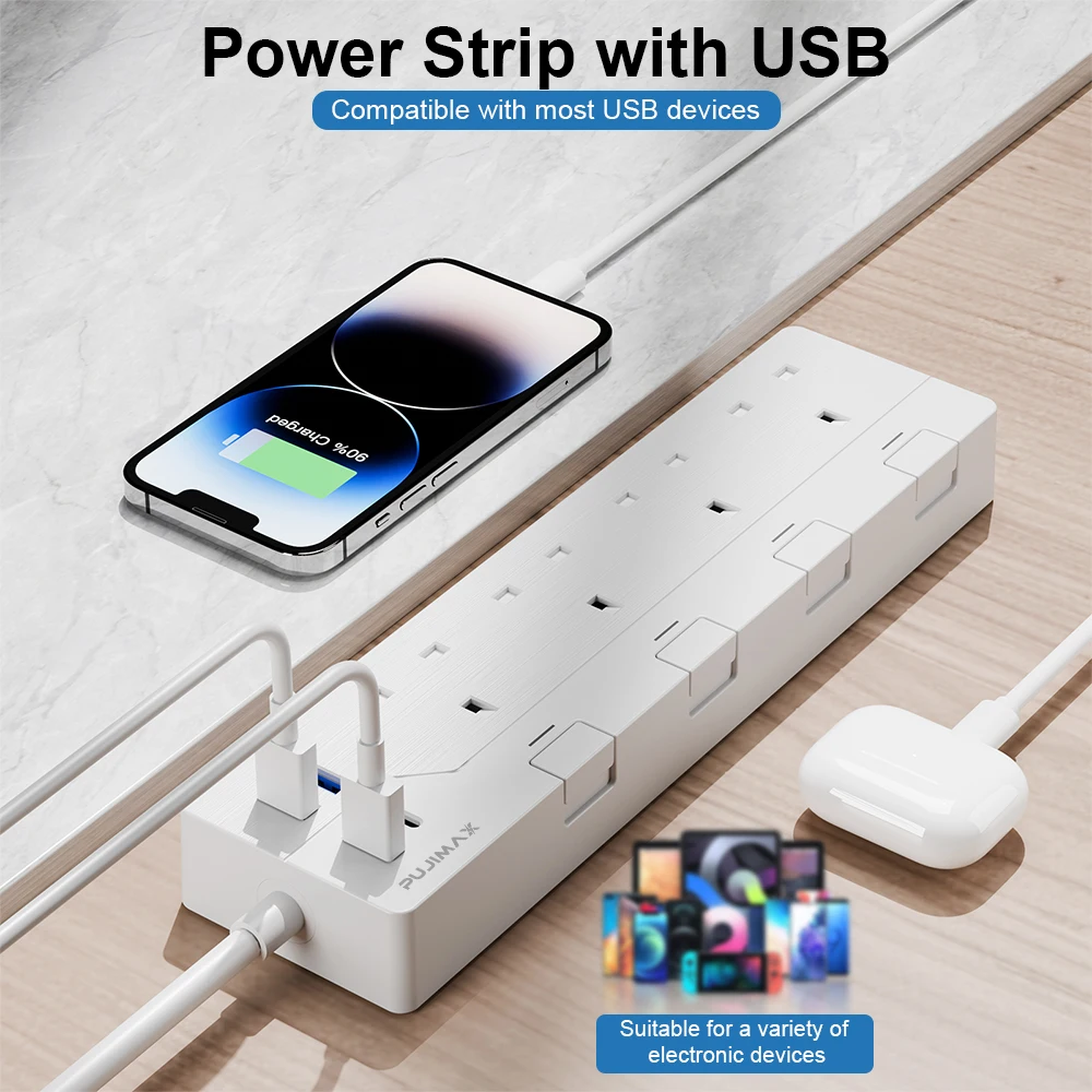 PUJIMAX Power Strip Electric Socket UK 3250W With 3USB 1TypeC Overload Protection Extension Cable 1.5M Electrical Sockets