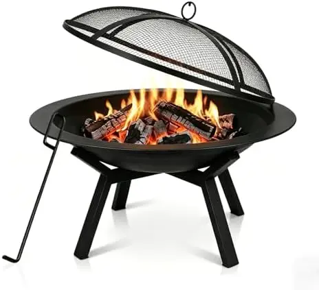 Outdoor Wood Burning Fire Pit, Heavy Duty Round Steel Fire Bowl for Backyard, Patio, Camping, Bonfire, Black Finish