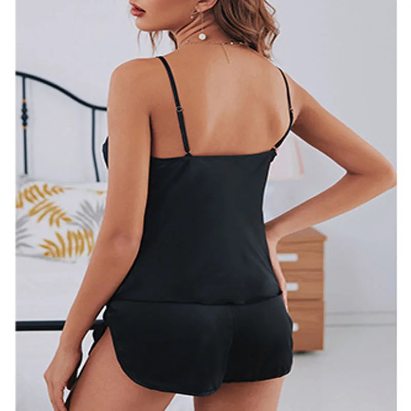 2Pcs/Set Satin Camisole Vest Pajamas Women V-Neck Sexy Camisole Pajama Shorts Black  Can Be Worn Outside Loose Plus Size S-2xl