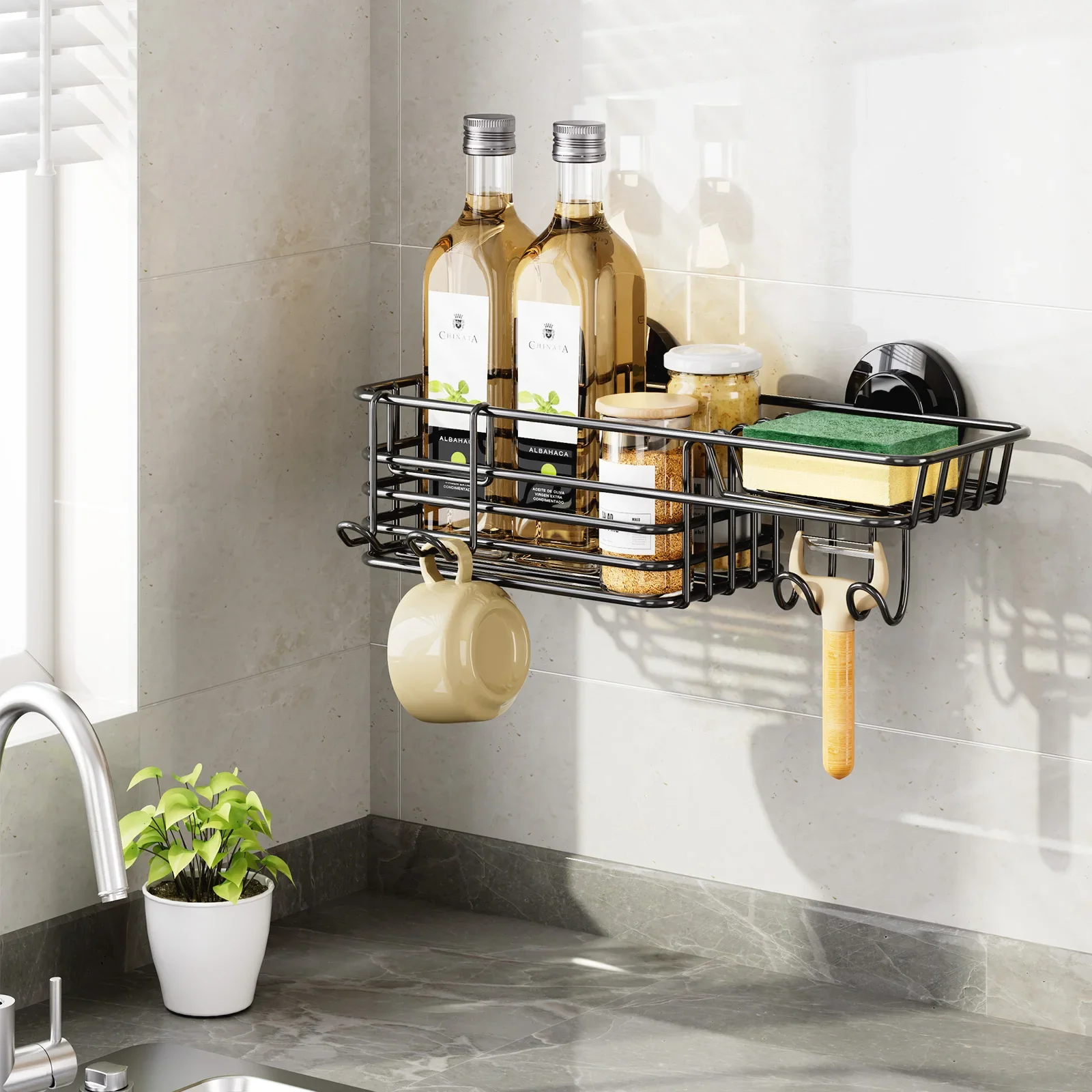 

Kitchen Wall Mounted Storage Shelf Suction Cup with Hooks Soap Holder, Bathroom Shower Organizer, No Drilling Shower Shelf
