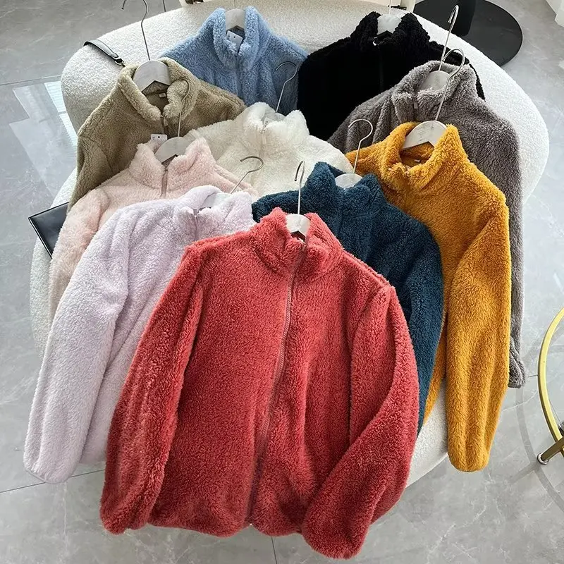 

Fashion Fleece Long Sleeve Solid Color Jacket Spring Autumn New Style Coral Fluffy Outerwear Women's Jacket Short Outerwear