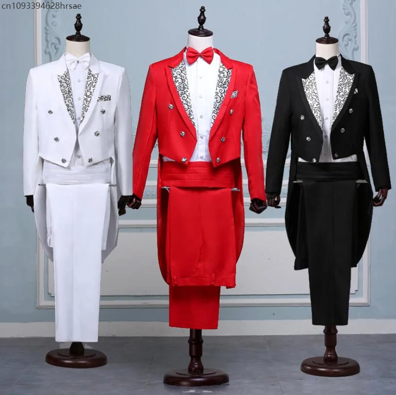 

Men Black White Lapel Tail Coat Stage Performance Singer Costume Vintage Tuxedo Blazer Vest Pants Tie Wedding Groom Prom Set