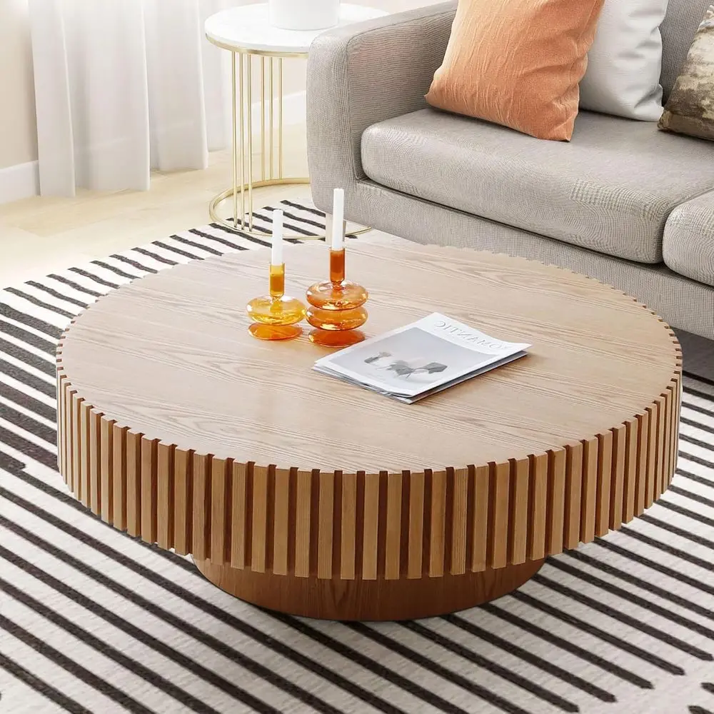 

Rustic Oak Round Coffee Table - Handcrafted Relief Carving, 31.5 Diameter x 13.8 High, Natural Finish