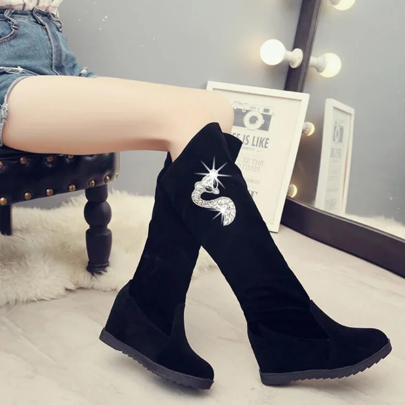 2024 WinterWomen Shoes Woman Boots Knee high Boots Winter New Rhinestone Decoration Wild Plus Velvet Thick Snow Boots