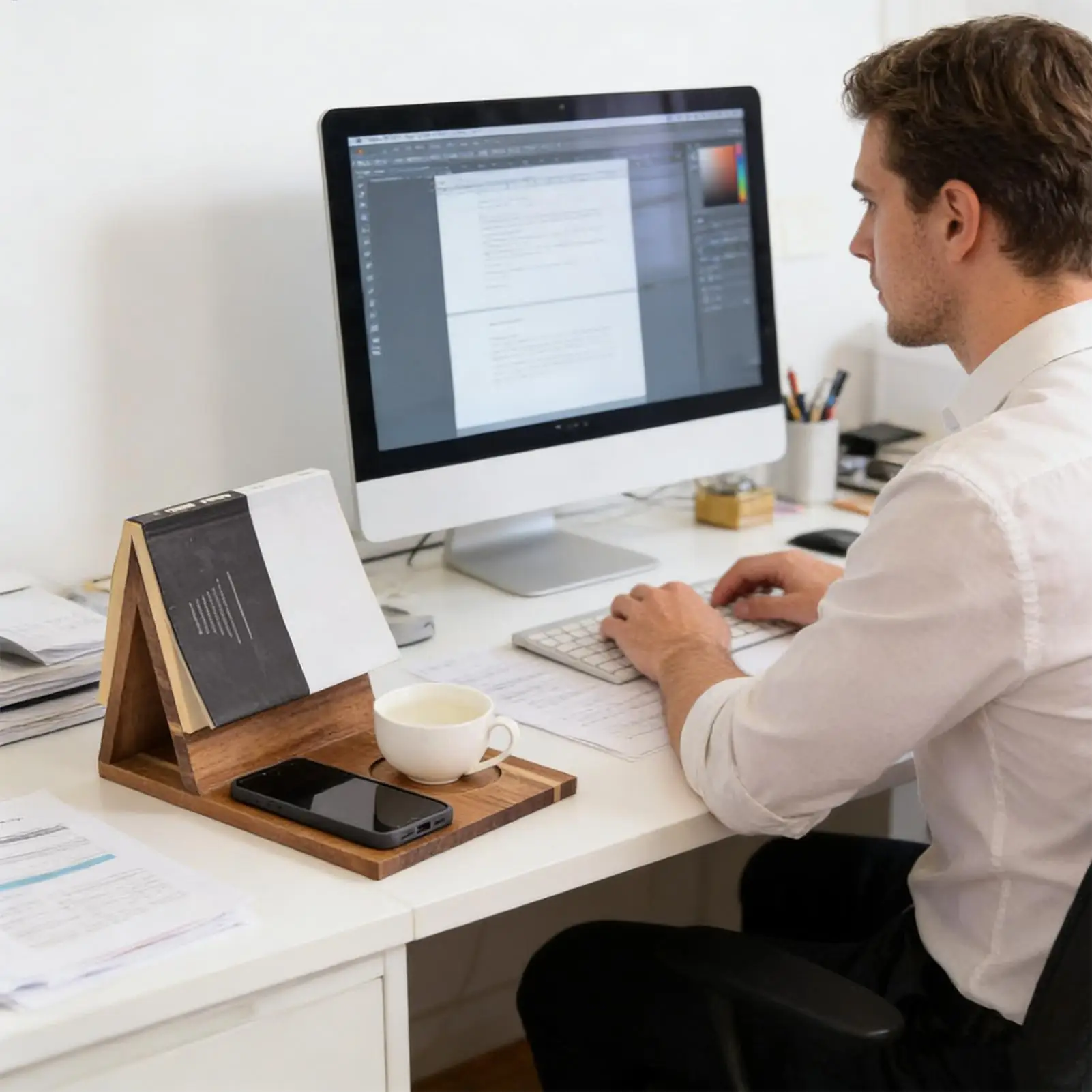 

Деревянная подставка для книг с чашкой, слот для телефона, деревенский отдых, деревянный треугольный держатель для книг, подставка для домашнего декора, спальни, гостиной