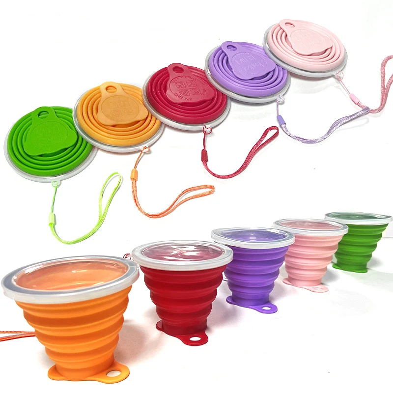 180ML Folding Cup Silicone Camping Portable Teacup Keychain Lid Outdoor Travel Coffee Collapsible Retractable Cup with Lanyard