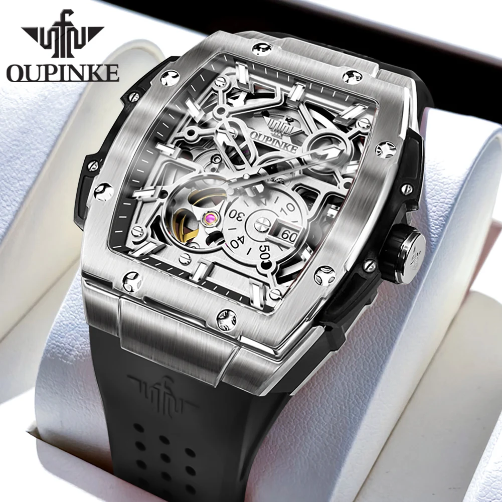 OUPINKE Men's Watches Fashion Tonneau Automatic Mechanical Wristwatch Original Hollowing Out Movement Independent Second Dial