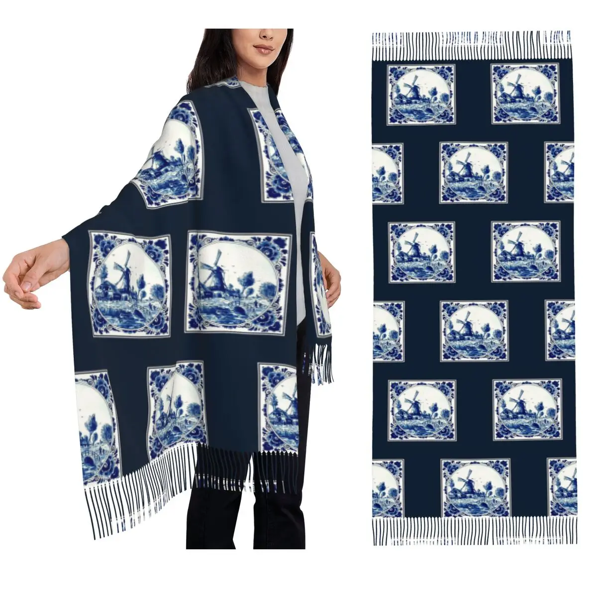 

DUTCH BLUE DELFT Винтажный шарф с принтом ветряной мельницы и моста, шарфы с кисточками, женские шали и накидки, длинная осенне-зимняя шаль