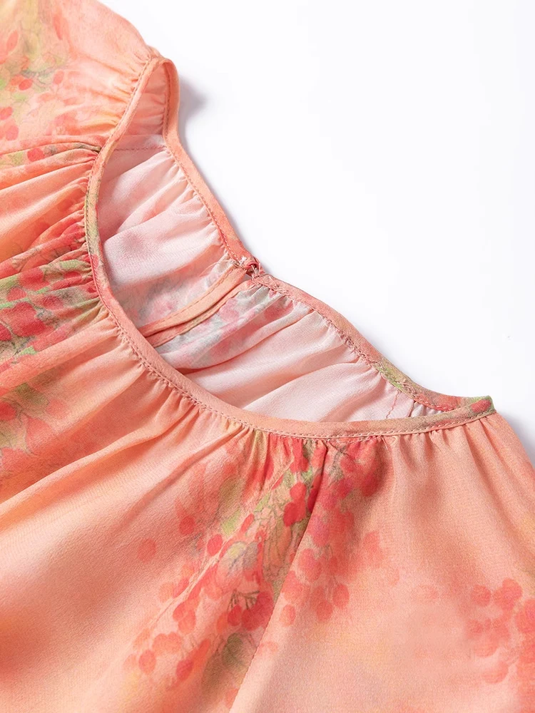 SuyaDream، بلوزات نسائية مزهرة، 100% حرير حقيقي، رقبة دائرية، أكمام فانوس، بلوزة صيف 2025، برتقالي #2