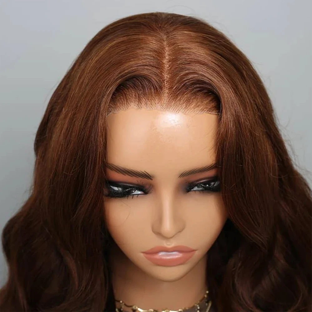 Peruca frontal do laço da onda do corpo para mulheres, perucas de cabelo humano, cabelo indiano cru, cor marrom, fechamento pré-arrancado, 4x4, 12-26 polegadas, densidade de 200%