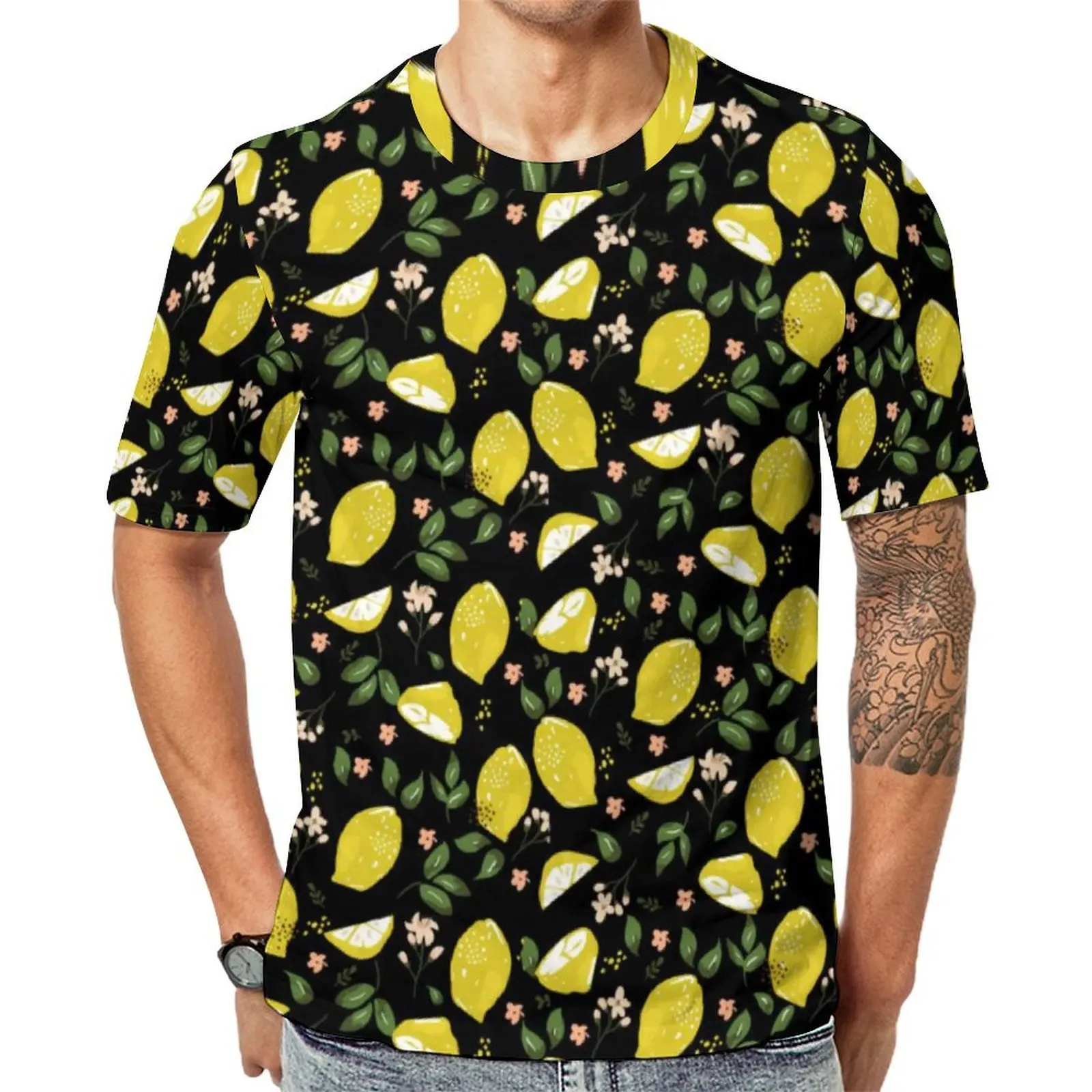Original T Shirt Bright Fruit Print T Shirts Floral And Lemon Basic Retro Tee Shirt For Man Short Sleeve Graphic Plus Size Tops