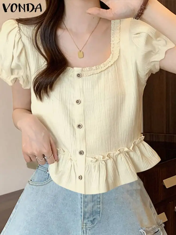 VONDA 2024 Fashion Women Shirts Short Sleeve Blouses Summer Casual Loose Square Collar Tunic Tops Button Ruffled Blusas Feminina