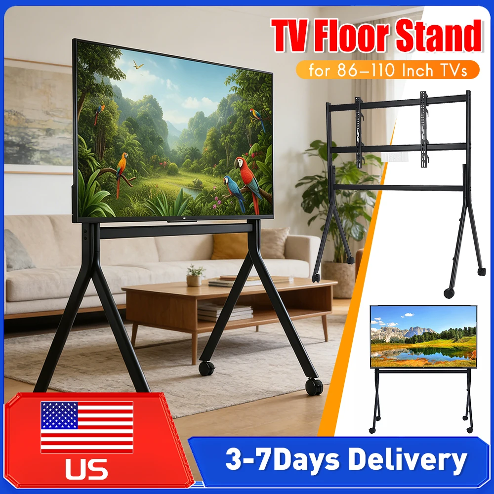 

Усиленная портативная напольная подставка для телевизоров 86-110 дюймов с поворотом на 360 градусов ° Напольная подставка для телевизора с поворотным механизмом, максимальная нагрузка 485 фунтов/220 кг, с блокирующимися колесами