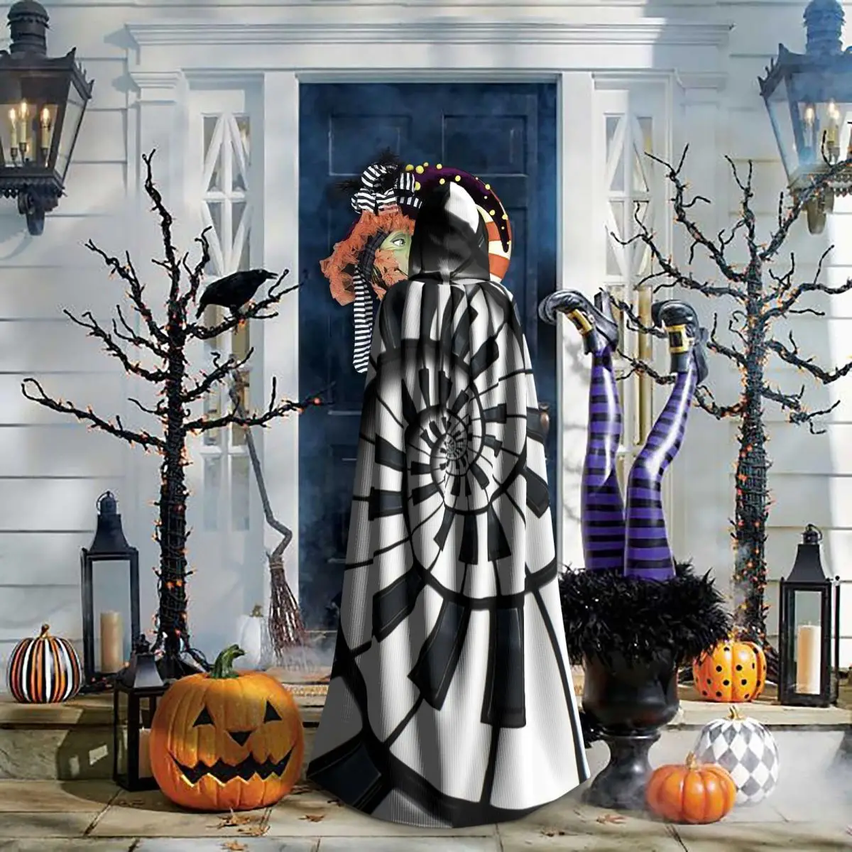 Abstract Piano Keys With Musical Notes Long Hooded Cloak Witch Medieval Costume Cosplay Cape HalloweenParty Adult Unisex