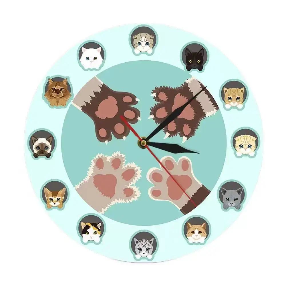 Cute Cat Paw Wall Clock Funny Kitten Head Paws Silent Scan Quartz Watch Kids Bedroom Living Room Decor Pet Cat Lover Gift