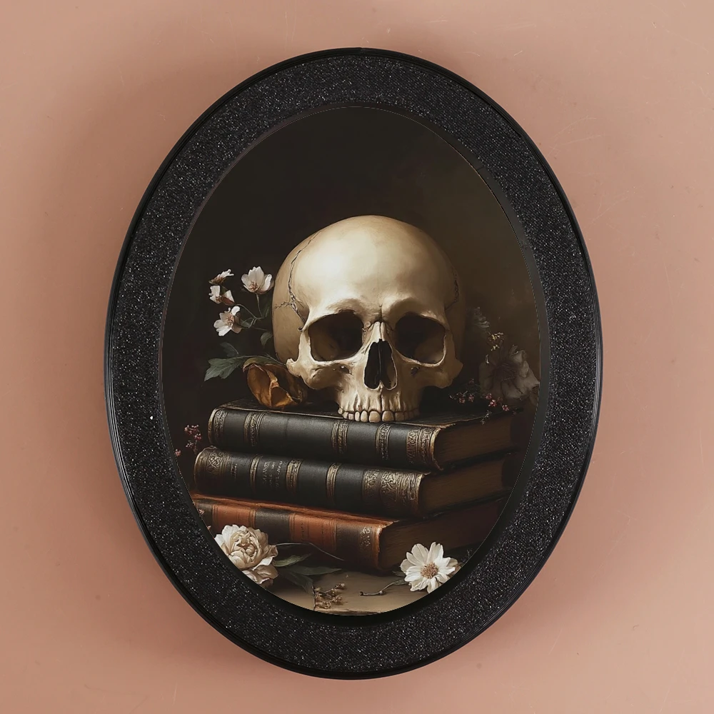 1-teilige ovale Dekoration im dunklen Gothic-Stil, schwarzer Retro-Rahmen zeigt Totenkopf- und Bücherszene, Mischliteratur und Geheimnis, geeignet