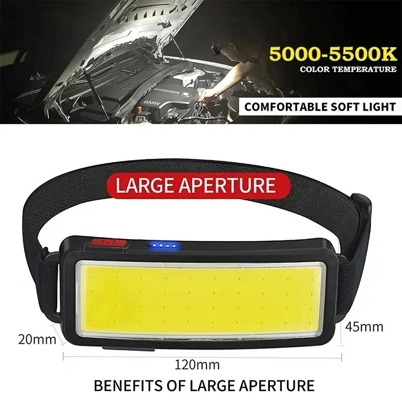 Powerful COB LED Headlamp Built-in Battery Type-c Rechargeable Headlight Outdoor Super Bright Camping Fishing Head Lamp Torch