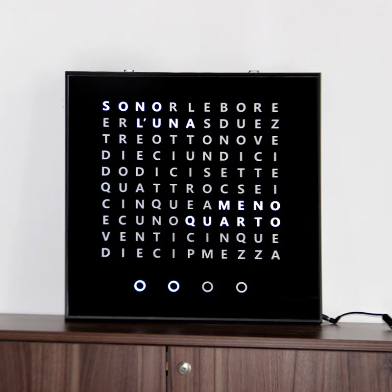 CP0403 Italian Acrylic Novel Letter Spelling Time Black Letter Display Clock with Light Emitting Diode Light