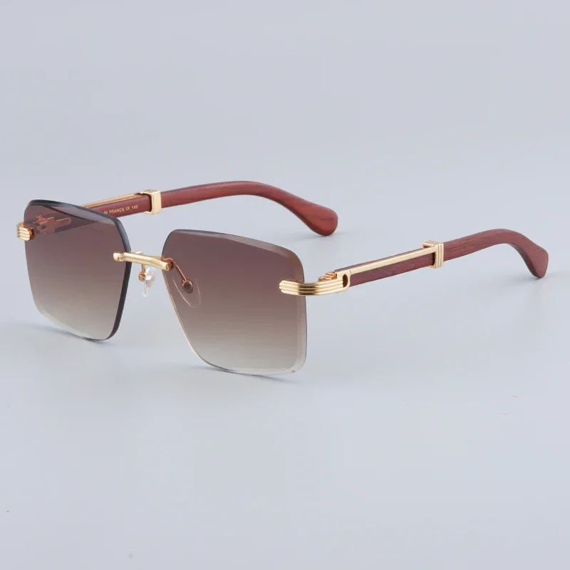 

0365 Big Square Rimless Sunglasses with Natural Wooden Legs Women Luxury Handmade Eyeglasses Men Fashion Titanium Uv400 Glasses