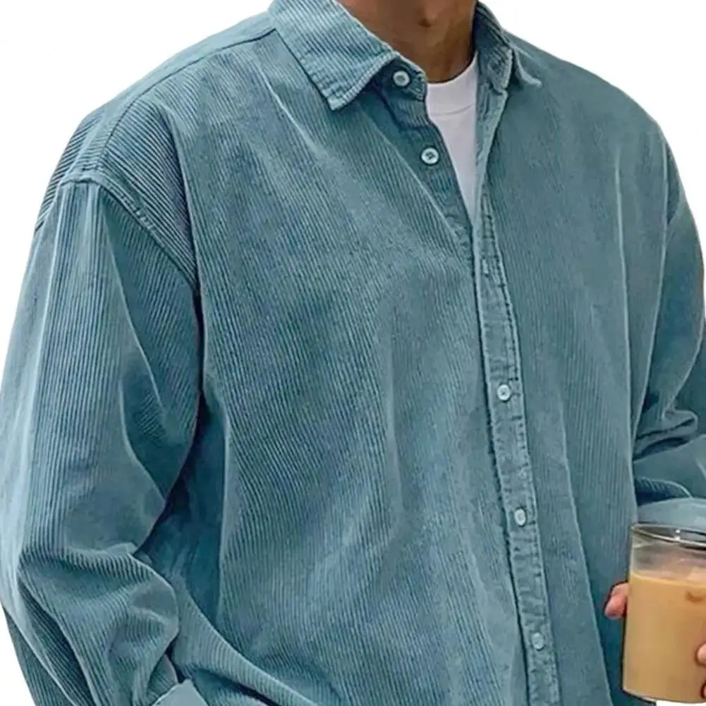 Men Long Sleeve Top Men's Corduroy Button-down Shirt Classic Long Sleeve Lapel Jacket Casual Solid Color Urban Work Streetwear