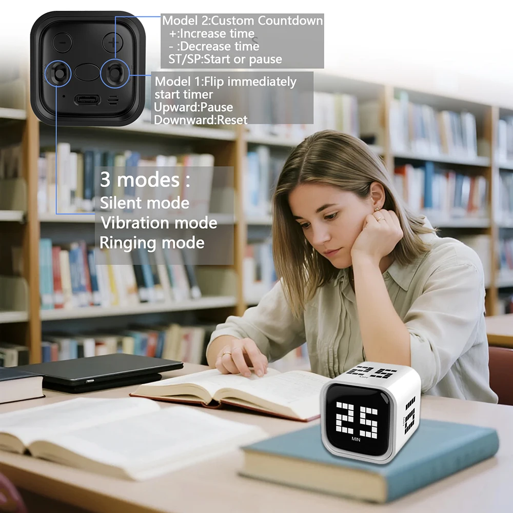 مؤقت بومودورو المكعب القابل للتعديل - عد 5/25/10/60 دقيقة، إعدادات - إيقاف مؤقت، استئناف، مؤقت إنذار صامت، اهتزاز وصوتي