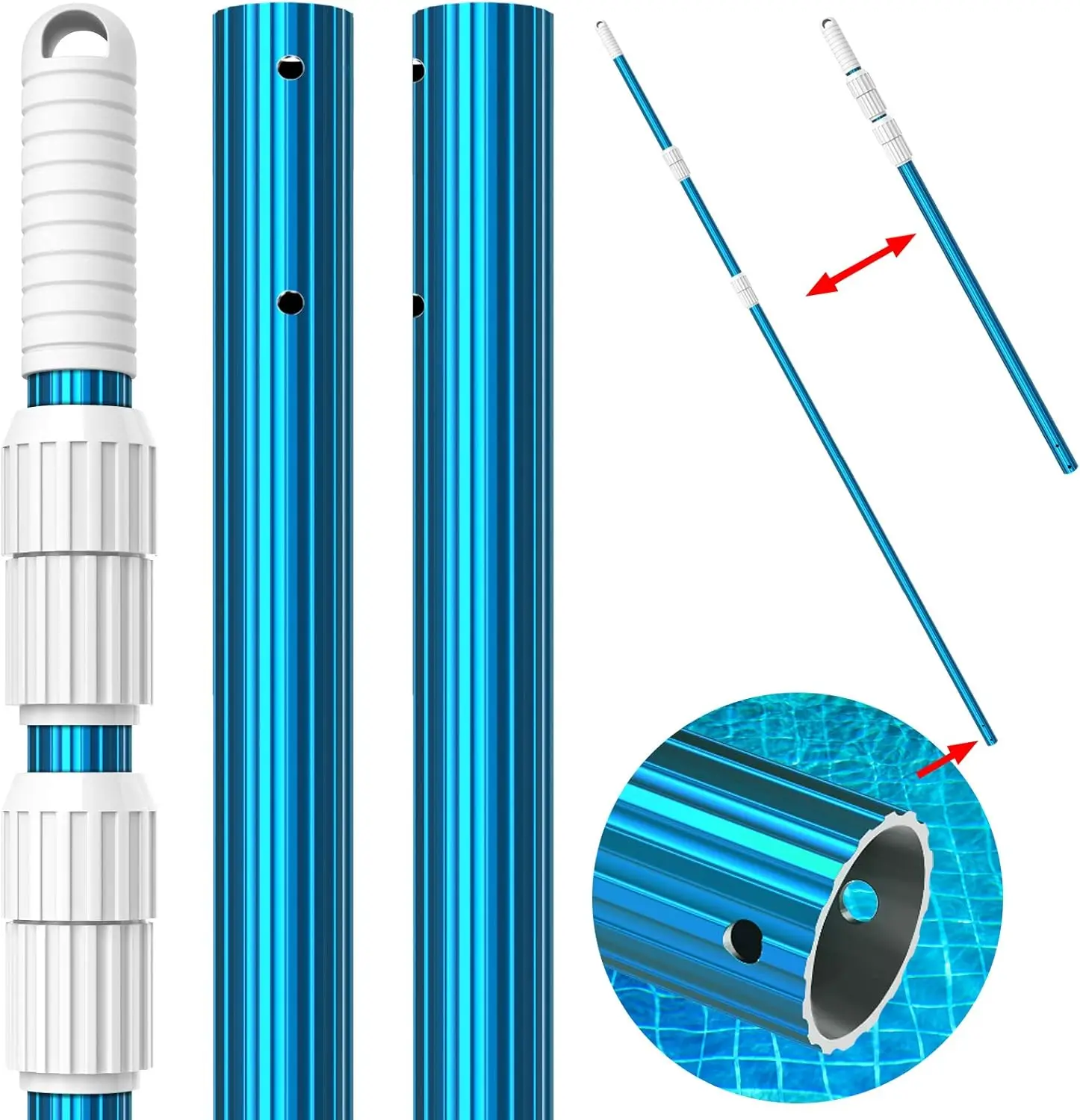 

Модернизированная 15-футовая утолщенная синяя алюминиевая телескопическая стойка для бассейна, регулируемая для скиммера, щеток, пылесосов