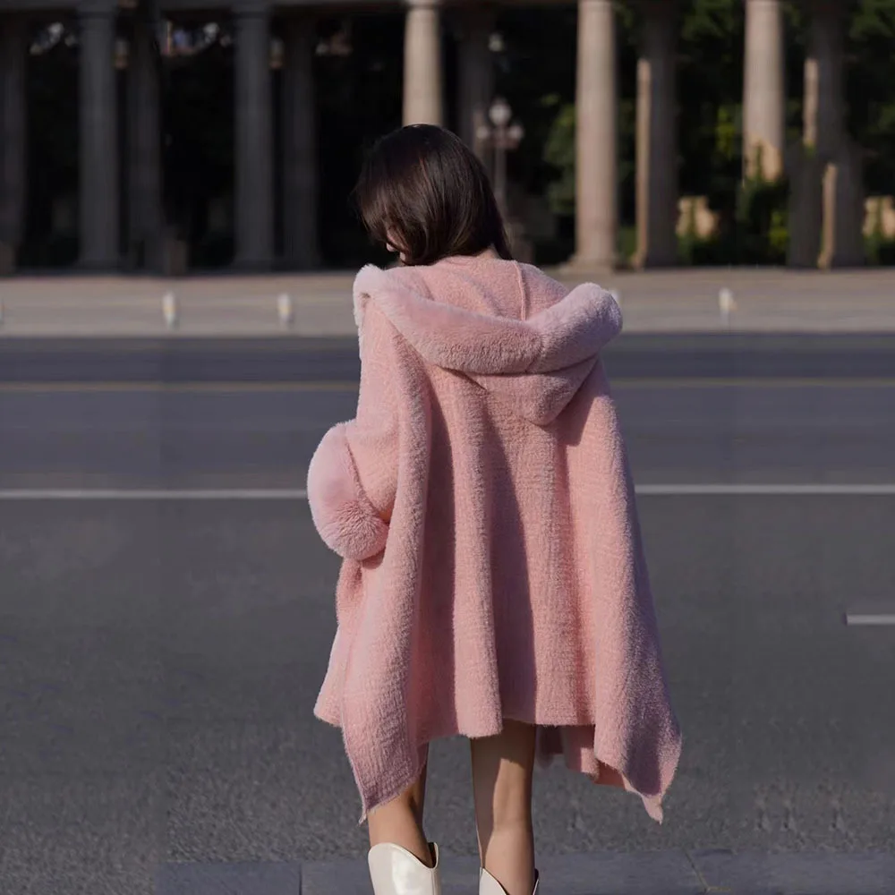 3 Colors Winter Knitted Poncho Cape Women Loose Hooded Cloak Women Faux Rabbit Fur Collar Big Pendulum Poncho Coat Ladies Shawls