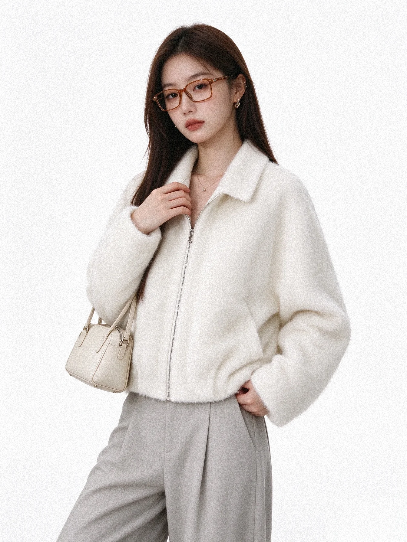 Korean Style Winter Thickened Short Fur Coat Stand Collar Slimming Versatile Commute Old Money Style Leather Upper Body