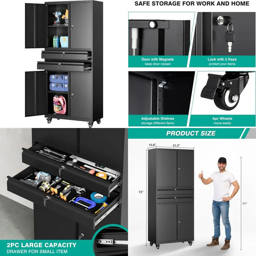 

Rolling Metal Storage Cabinet with Locking Doors, Adjustable Shelves, and Wheels for Garage Organization