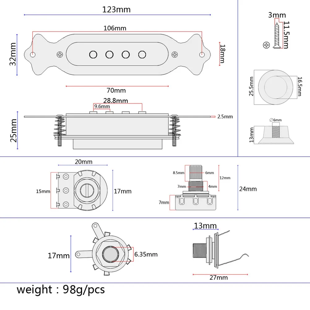 Prewired Soundhole Pickup for 4 String Electric Cigar Box Guitar Humbucker Copper Coil Magnetic Active Acoustic Pickup Volume